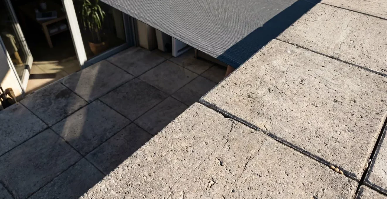 Gros plan d'une ligne d'ombre nette projetée par le bord d'un store banne sur du dallage de terrasse en fin d'après-midi