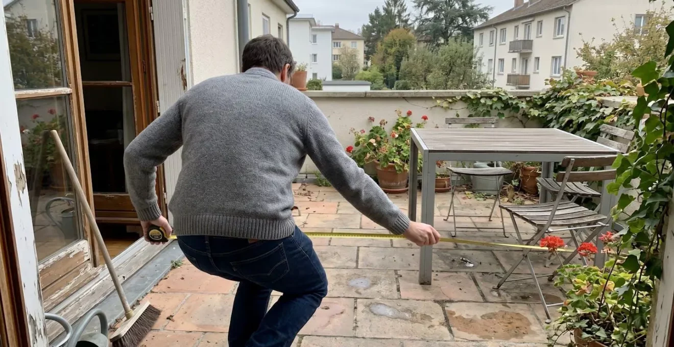 Personne de dos mesurant la profondeur d'une terrasse française avec un mètre ruban depuis la baie vitrée vers une table de jardin